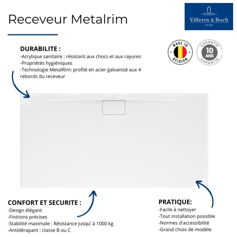 Villeroy&boch - Receveur 100 x 75 villeroy et boch Architectura Metalrim acrylique rectangle blanc