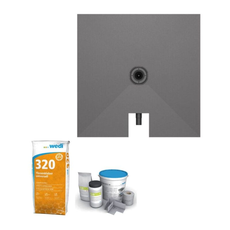 Wedi - Receveur à carreler 90 x 90 cm Fundo Plano, bonde intégrée + colle 320 + kit d'étanchéité