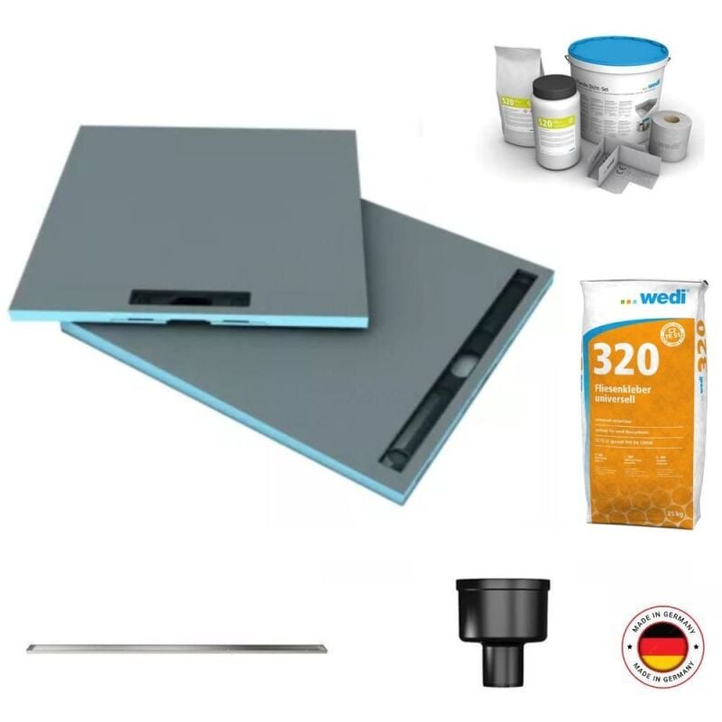Wedi - Receveur à carreler 120 x 100 cm Fundo Riolito Neo + barrette + bonde verticale + kit d'étanchéité et colle 320