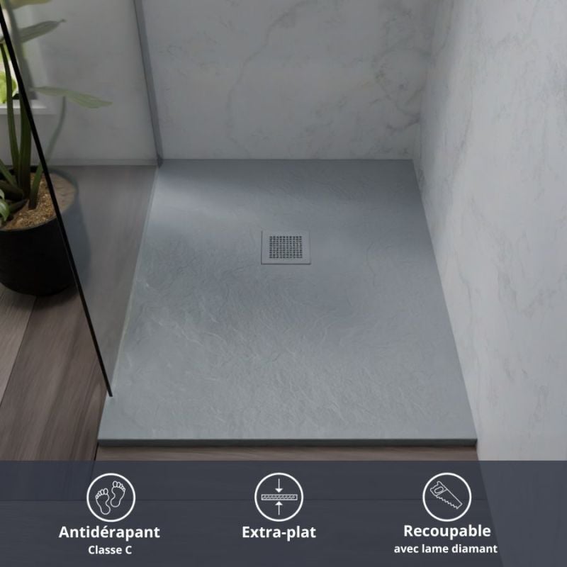 Cuisibane - Receveur de douche 100x80 cm extra plat - diamant- Gris ciment
