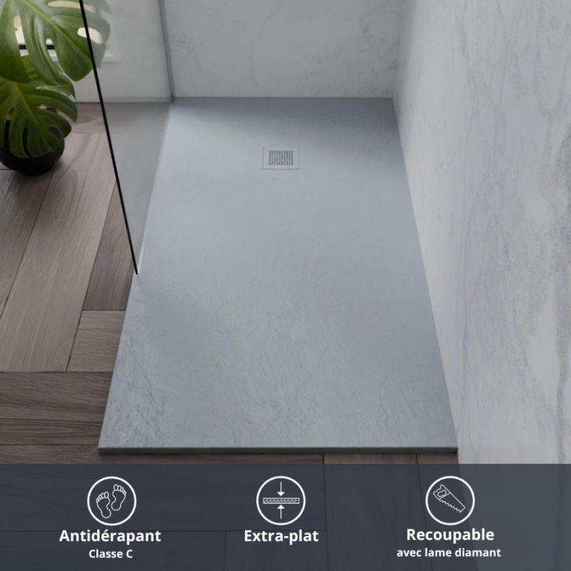 Cuisibane - Receveur de douche 140x90 cm extra plat - diamant- Gris ciment