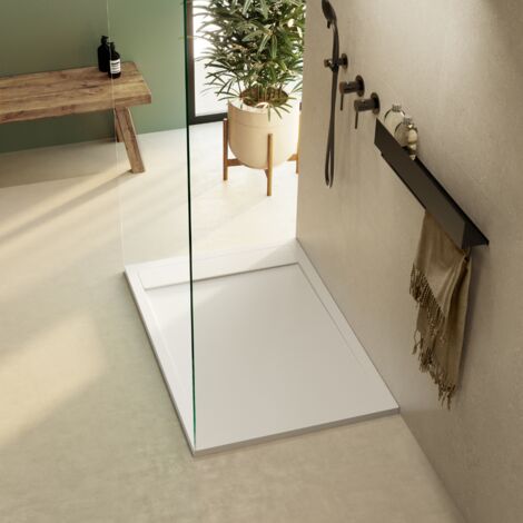 Receveur de douche 150x90 extra-plat Blanc en résine minérale antidérapant effet ardoise - Magnus LAVABERG