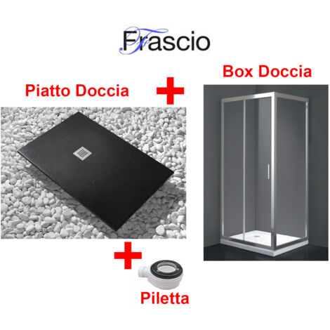 Receveur de Douche 70X140 cm Ligne Vulcano Noir + Cabine de Douche 70x140 cm  Avec Un Verre Fixe et Façade avec 2 Cristaux - FRASCIO