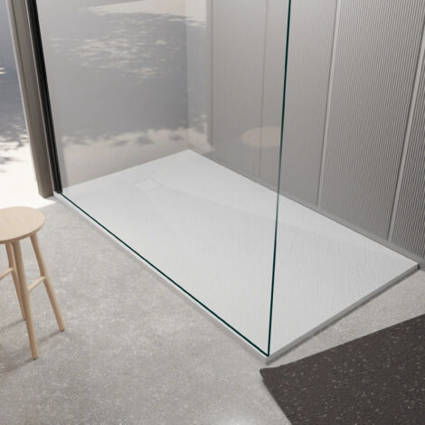 Receveur De Douche Idralite 80x130 Cm - Effet Pierre Ardoise Blanche - En Résine Sans Bonde - Réductible