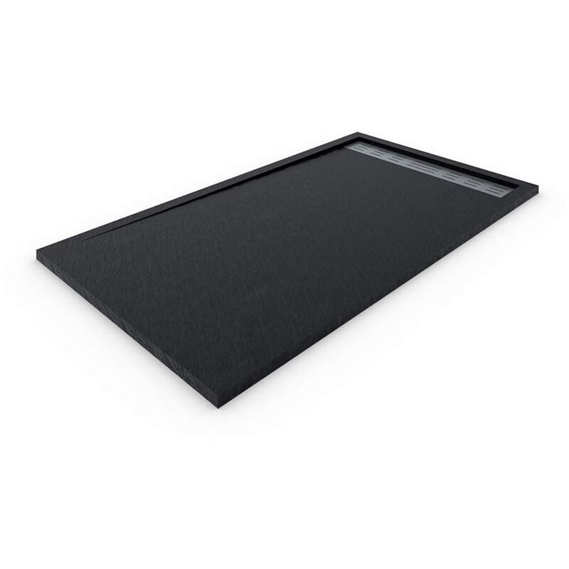 Receveur de douche à cadre latéral deluxe - Résine et charges minérales - Texture Ardoise - Antidérapante C3 - Fourni avec grille et siphon - Noir