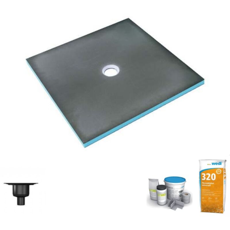 Wedi - Receveur de douche à carreler 90 x 90 Fundo Primo carré écoulement centrée + bonde verticale + kit d'étanchéité + colle 320