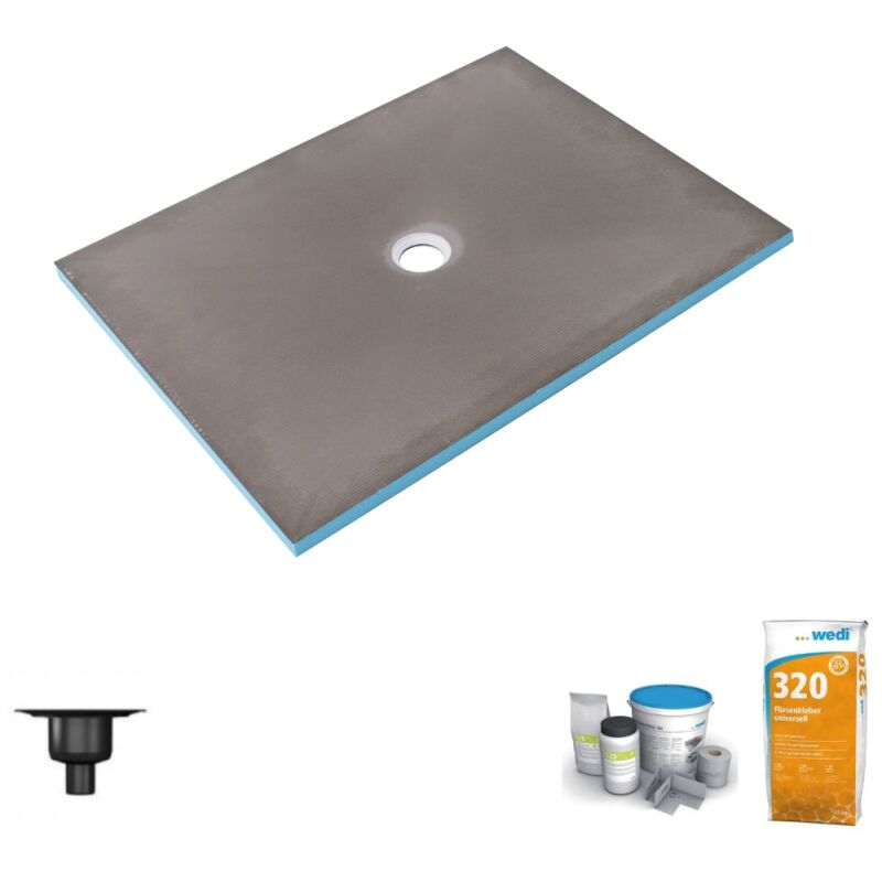 Wedi - Receveur de douche à carreler 150 x 100 Fundo Primo écoulement centré + bonde verticale + kit d'étanchéité + colle 320