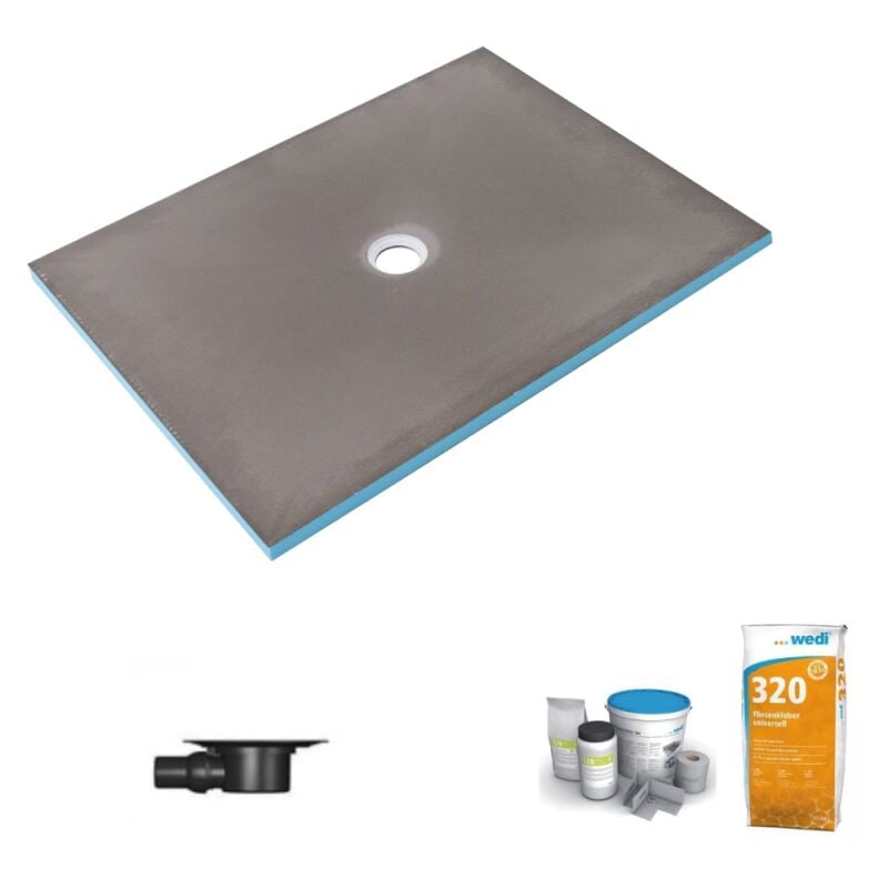 Wedi - Receveur de douche à carreler 150 x 100 Fundo Primo écoulement centré + bonde horizontale + kit d'étanchéité + colle 320