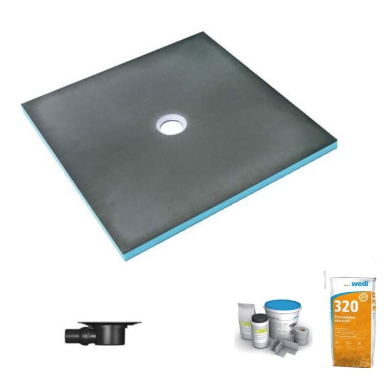 Wedi - Receveur de douche à carreler 120 x 120 Fundo Primo écoulement centrée + bonde horizontale + kit d'étanchéité + colle 320