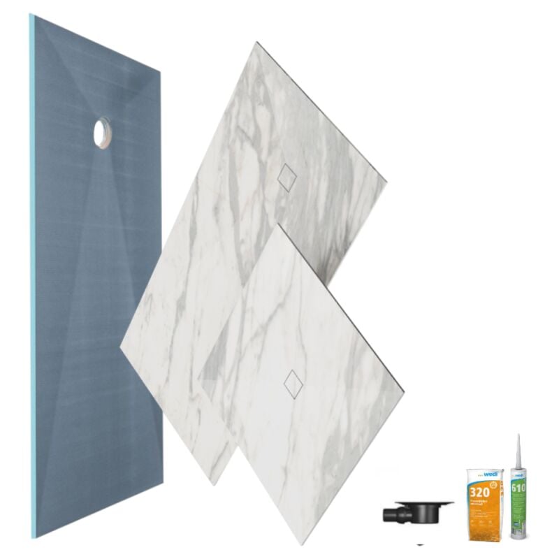 Receveur de douche à carreler 180 x 90 WEDI Fundo primo + revêtement Top marble white + colle + bonde horizontale + kit étancheité