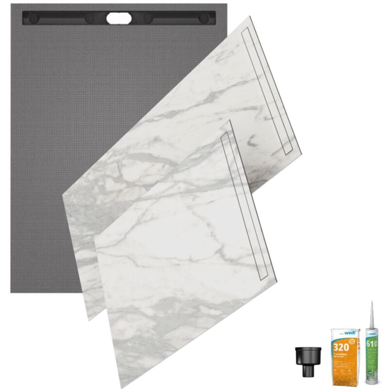 Receveur à carreler 180 x 90 Wedi Fundo Riolito Neo + revêtement Top marble white + colle + écoulement vertical + kit étancheité