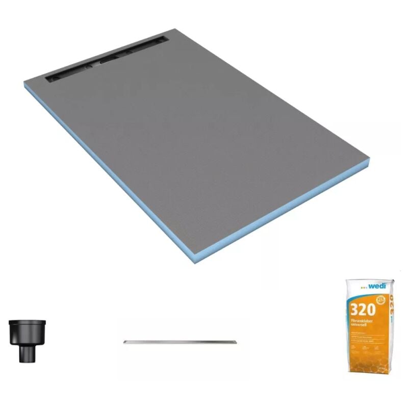 Wedi - Receveur de douche à carreler 140 x 90 cm Fundo Riolito Neo écoulement vertical + barrette de finition 70 cm + colle 320