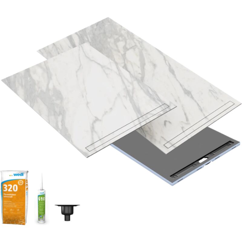 Wedi - Receveur à carreler 180 x 90 Fundo Riolito Neo + revêtement Top marble white + colle + écoulement vertical + kit étancheité