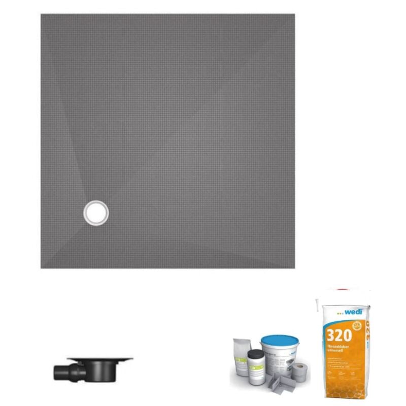 Wedi - Receveur de douche à carreler 100 x 100 Fundo Primo carré écoulement excentré + bonde horizontale + kit d'étanchéité + colle 320