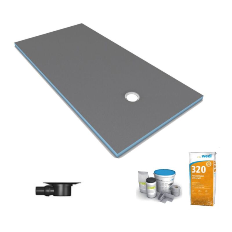 Wedi - Receveur de douche à carreler 120 x 90 Fundo Primo écoulement excentré + bonde horizontale + kit d'étanchéité + colle 320