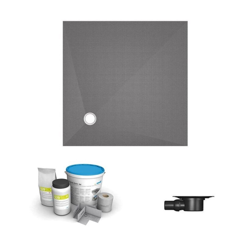 Wedi - Receveur de douche à carreler 150 x 150 Fundo Primo carré écoulement excentré + bonde horizontale + kit d'étanchéité