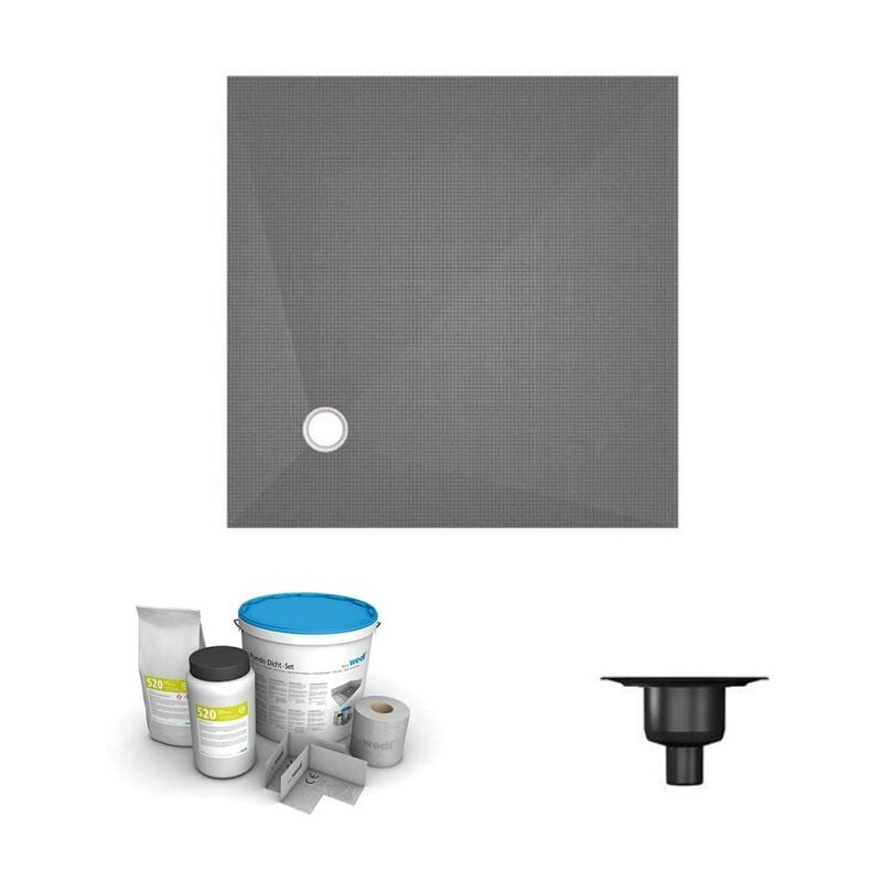 Wedi - Receveur de douche à carreler 90 x 90 Fundo Primo carré écoulement excentré + bonde verticale + kit d'étanchéité