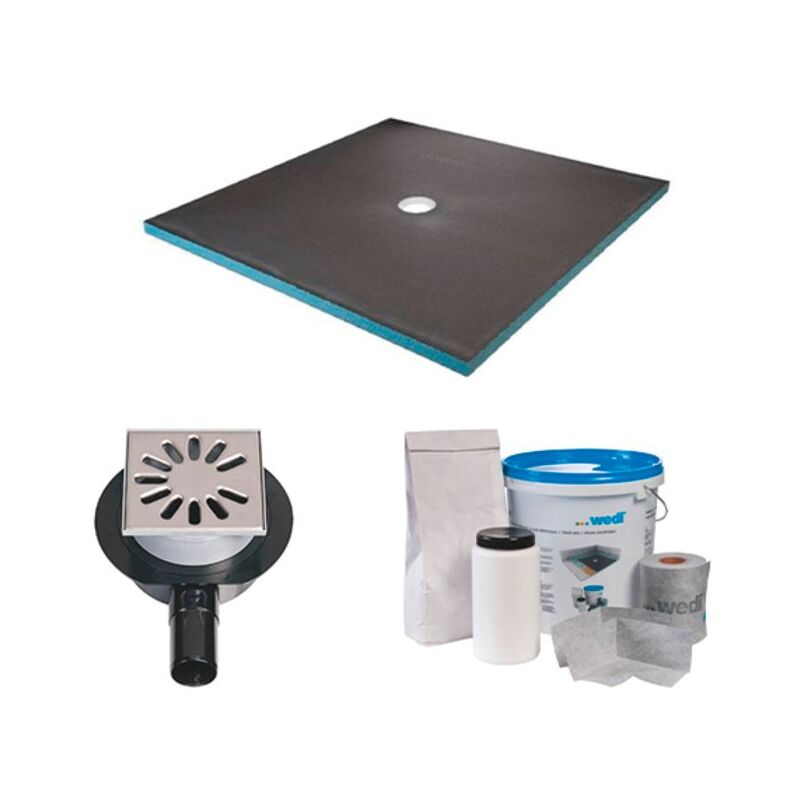Wedi - Receveur de douche à carreler 120 x 120 - kit complet à carreler avec bonde extra-plate horizontale et kit d'étanchéité