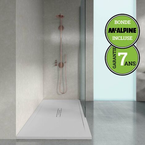 Receveur de douche à poser Poalgi Clay, blanc polaire, bac rectangulaire extra plat, composition pierre et résine, revêtement antidérapant et antiglissant, découpe possible