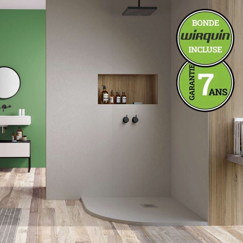 Monreceveur - Receveur de douche extraplat Poalgi Hos's, blanc perle, 90x90 cm, bac 1/4 de cercle extra plat, composition résine 75% de charge