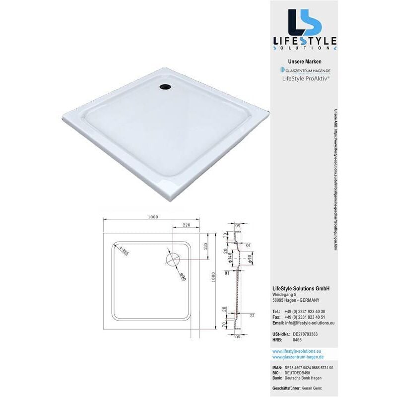 Glaszentrum Hagen "Acryla" 100x100x5 cm Receveur de douche plat blanc carré