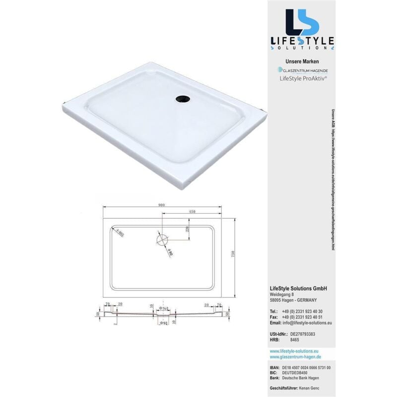 Glaszentrum Hagen - Acryla' 90x75x5 cm Receveur de douche plat rectangle blanc