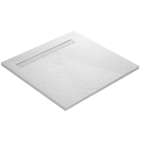 U-TILE Receveur de douche caniveau ultra léger en résine imitation ardoise - blanc + natte étanche + siphon ultra plat - 100 x 100 cm