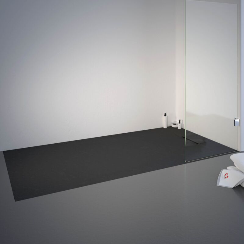 Receveur de douche 90 x 160 cm de plain-pied, décor effet Pierre anthracite, ultra léger, recoupable, Schulte