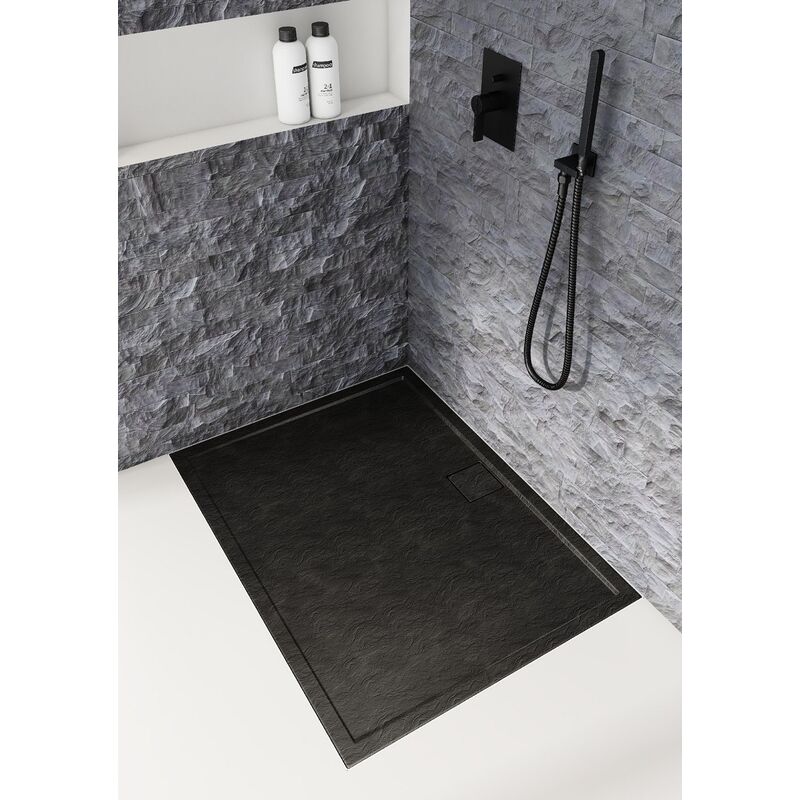 Otitec - Receveur de douche en acrylique noir - structure en pierre - rectangulaire - quanti - 100 x 80 - noir