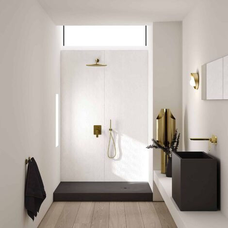 Receveur de douche en acrylique noir  structure en pierre  rectangulaire + siphon extraplat VIEGA  SOLID LEVEL  100 x 80
