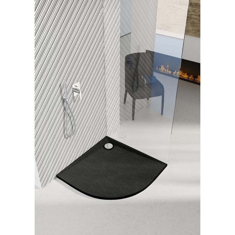 Receveur de douche en acrylique noir - structure en pierre - semi circulaire R55 - CRES - 80 x 80