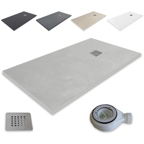 RECEVEUR DE DOUCHE EN RÉSINE EXTRA-PLATE outletaseo®  TEXTURE ARDOISE ANTIDÉRAPANTE   -【GRIS CIMENT RAL-7036, Toutes les mesures disponibles】-    Comprend une vanne de vidange + grille