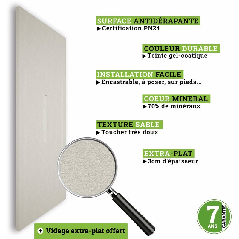 GRIS RAL 7035 RECEVEUR DE DOUCHE RESINE TEXTURE ARDOISE AVEC CADRE 90X160