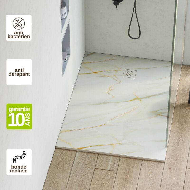 Receveur de douche extraplat MARMOLEADO - Texture Pizarra Impression Marbre Calacata Gold - L100l90h2,6cm - RÉSIGRÈS