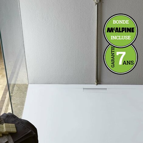 Receveur de douche extraplat Poalgi Shile, blanc polaire, composition résine 75% de charge minérale et finition Gelcoatique, revêtement antidérapant et antibactérien, découpe possible