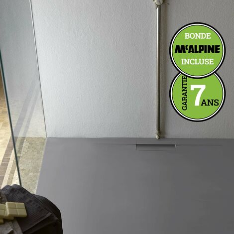 Receveur de douche extraplat Poalgi Shile, gris concret, composition résine 75% de charge minérale et finition Gelcoatique, revêtement antidérapant et antibactérien, découpe possible