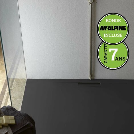 Receveur de douche extraplat Poalgi Shile, noir anthracite, composition résine 75% de charge minérale et finition Gelcoatique, revêtement antidérapant et antibactérien, découpe possible