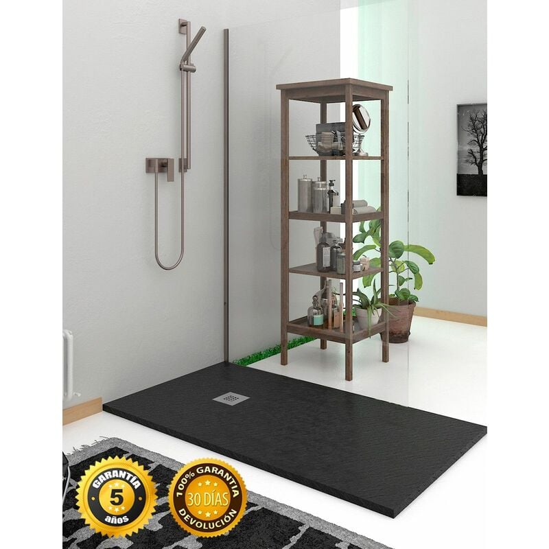 Receveur de douche EXTRAPLAT - Résine et charges minérales - Texture Ardoise - Antidérapante C3 - Fourni avec grille et siphon - Noir 60X060 Ral 9005