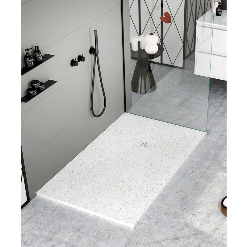 Kroos ® - Receveur de douche Granite Blanc, finition Lisse Stone 3D, grille de couleur - 70 x 70 cm