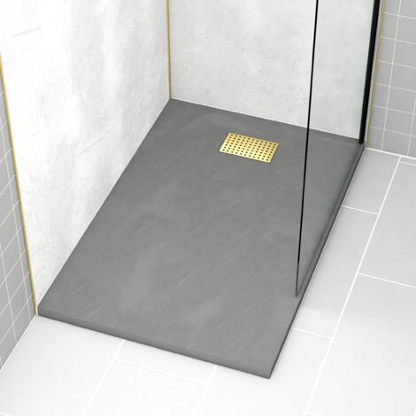 receveur de douche gris effet pierre 80x120 cm et grille décor perforée or doré brossé