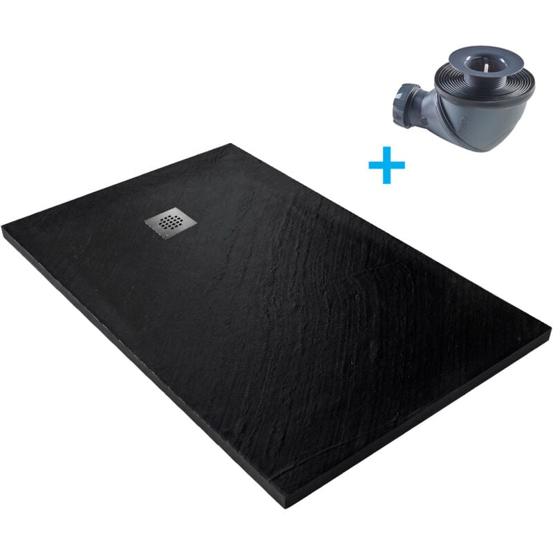 Receveur de douche noir 140 x 90 cm haute densité pierre naturelle - grille carrée excentrée