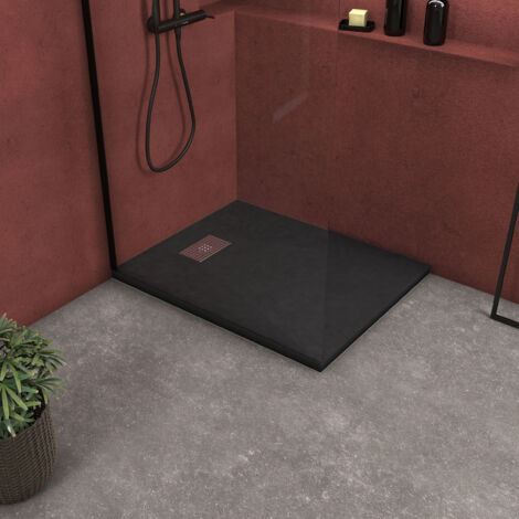receveur de douche noir effet pierre 80x100 cm et grille décor perforée en inox