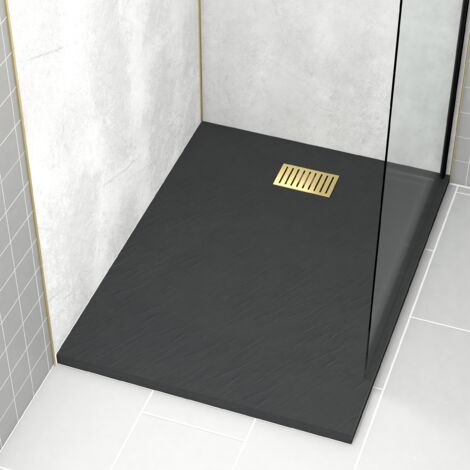 receveur de douche noir effet pierre 90x120 cm et grille décor linéaire or doré brossé