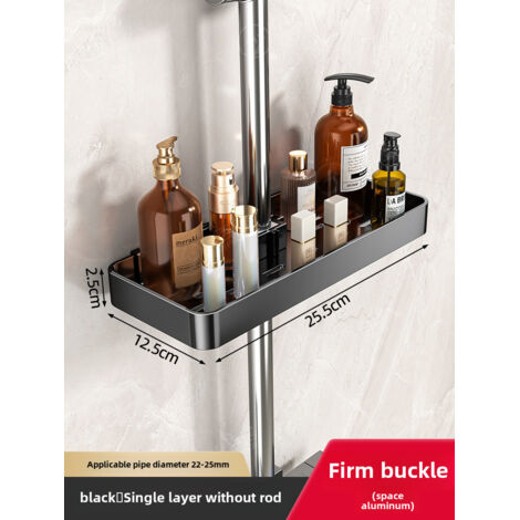 Receveur de douche noir monocouche sans barre, sans perçage, avec support de barre de douche intégré et système de fixation facile à installer.