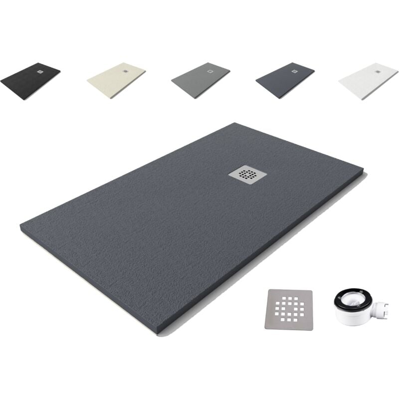 Receveur de douche Nolita 90x200 - Matériau en résine minérale avec texture ardoise C3 antidérapante - Comprend une bonde de vidange et une grille