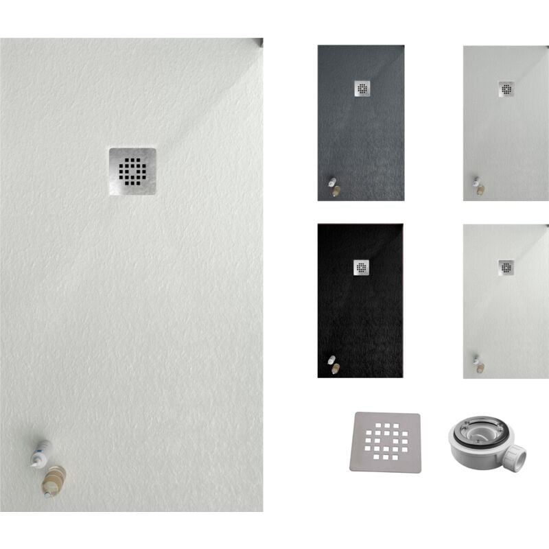 Receveur de douche one 90x80 - Matériau en résine avec charge minérale et texture ardoise C3 antidérapante - Comprend une vanne de vidange et une