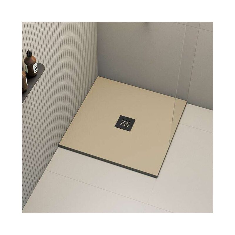 Receveur de douche Poalgi extraplat, beige albero, L.80 x l.80 cm, grille noire, série Hos's