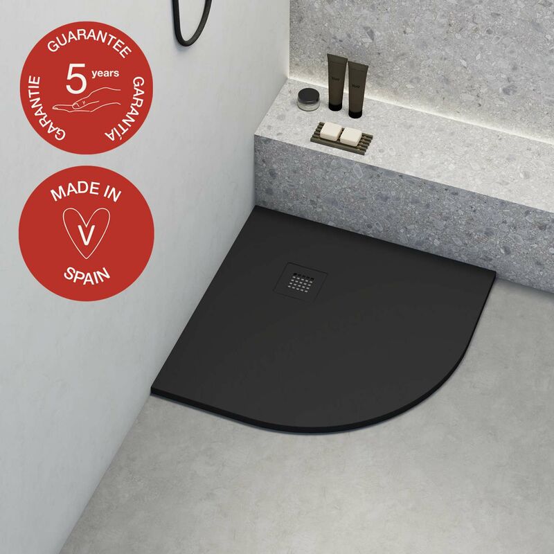 Receveur de douche Poalgi extraplat, semi-circulaire, noir anthracite, L.90 x l.90 cm, finition ardoise, série Hos's