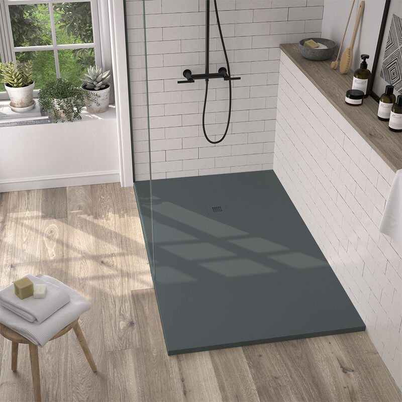 Onlybath - Receveur de douche Resine lake Anthracite (grille coloure) - 70x90 cm - Grille + Valve offerte