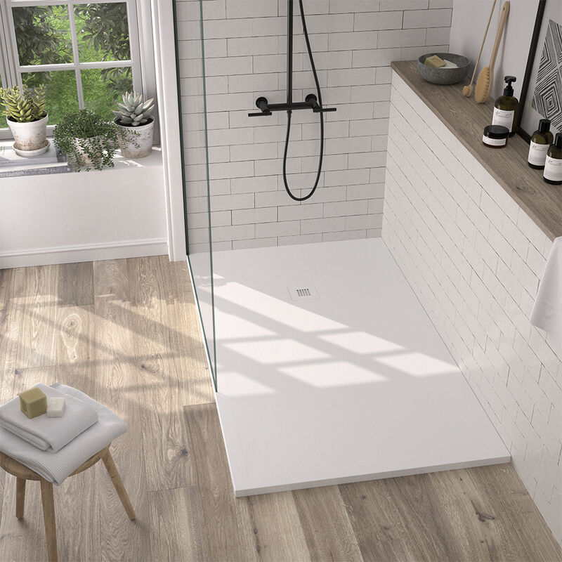 Onlybath - Receveur de douche Resine lake Blanc (grille coloure) - 90x100cm - Grille + Valve offerte